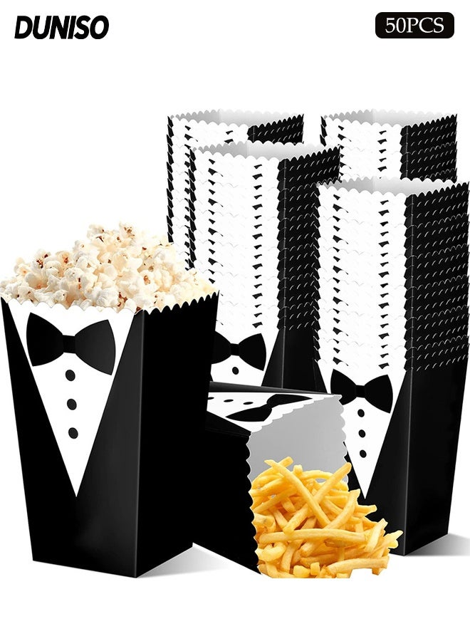 DUNISO 50 Pcs Tuxedo Popcorn Boxes, Stackable Candy and Cookie Treat Containers for Wedding, Birthday, Carnival party and Tuxedo Theme Party Favors and Decorations - Image 1
