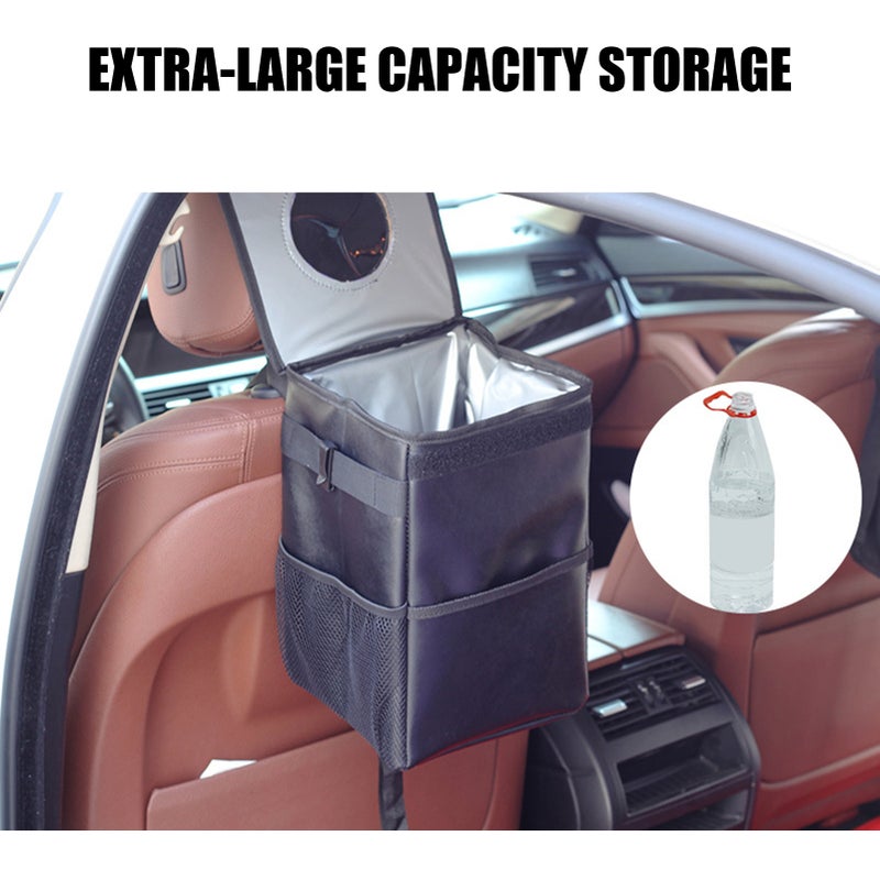 Car Trash Can with Lid and Storage Pockets, Leak-Proof Organizer, Collapsible and Portable Waterproof Hanging Garbage Bin, (Black, Large) - Image 4