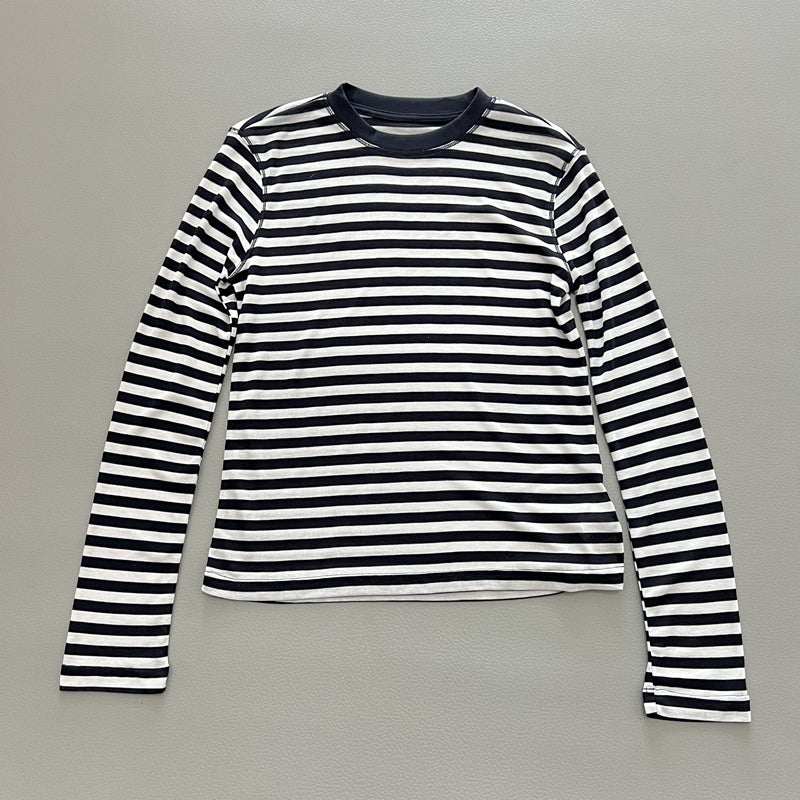 Generic Tencel Breathable Air Conditioning Mask Sunscreen Clothing 2024 Spring and Summer Casual Crewneck Striped Long Sleeve T-Shirt Casual Shoulder navy blue stripes