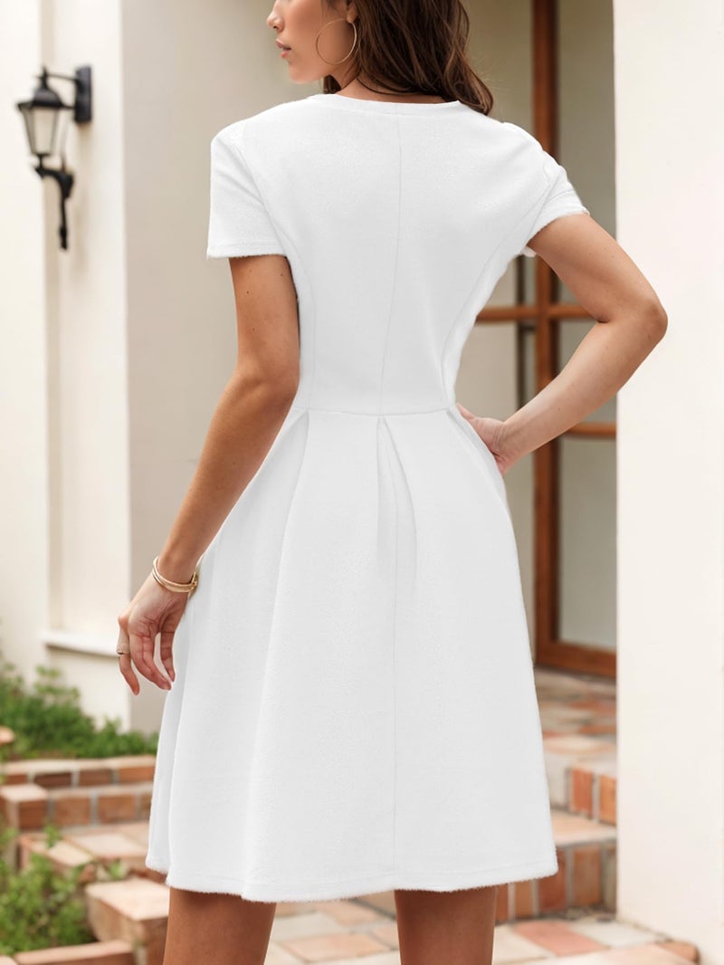 oxiuly Cocktail Summer Wedding Guest Dresses for Mother Teacher's Gift Christmas Elegant Casual New Year Hepburn Style Vintage Dress with Pockets S253 White L - Image 2