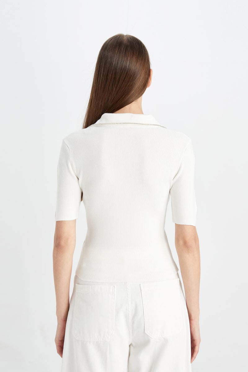 DeFacto Woman Fitted Polo Neck Ribbon T-Shirt - Image 4