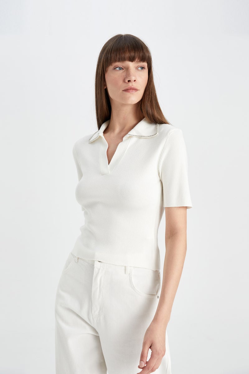 DeFacto Woman Fitted Polo Neck Ribbon T-Shirt - Image 5