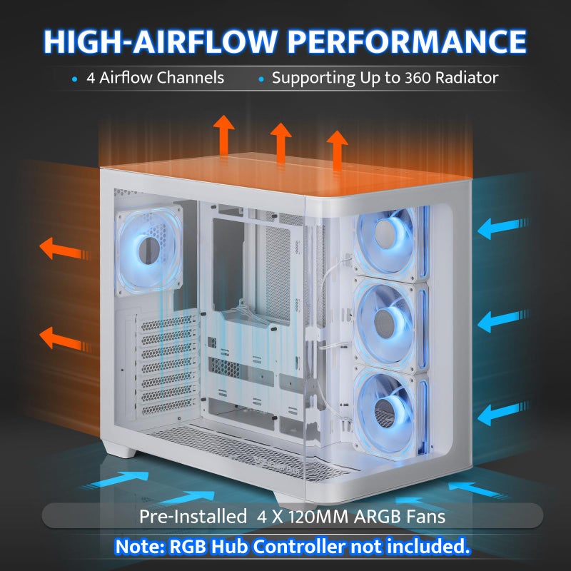 DarkFlash حافظة ألعاب كمبيوتر darkFlash ATX Mid-Tower، لوحة أم BTF قابلة للتوصيل من الخلف، مع 4 مراوح ARGB، حافظة كمبيوتر زجاجية منحنية بالكامل، حافظة كمبيوتر ذات غرفتين، منفذ Type C، تدعم نظام AIO مزدوج 360mm، أبيض(DPW90) - Image 3