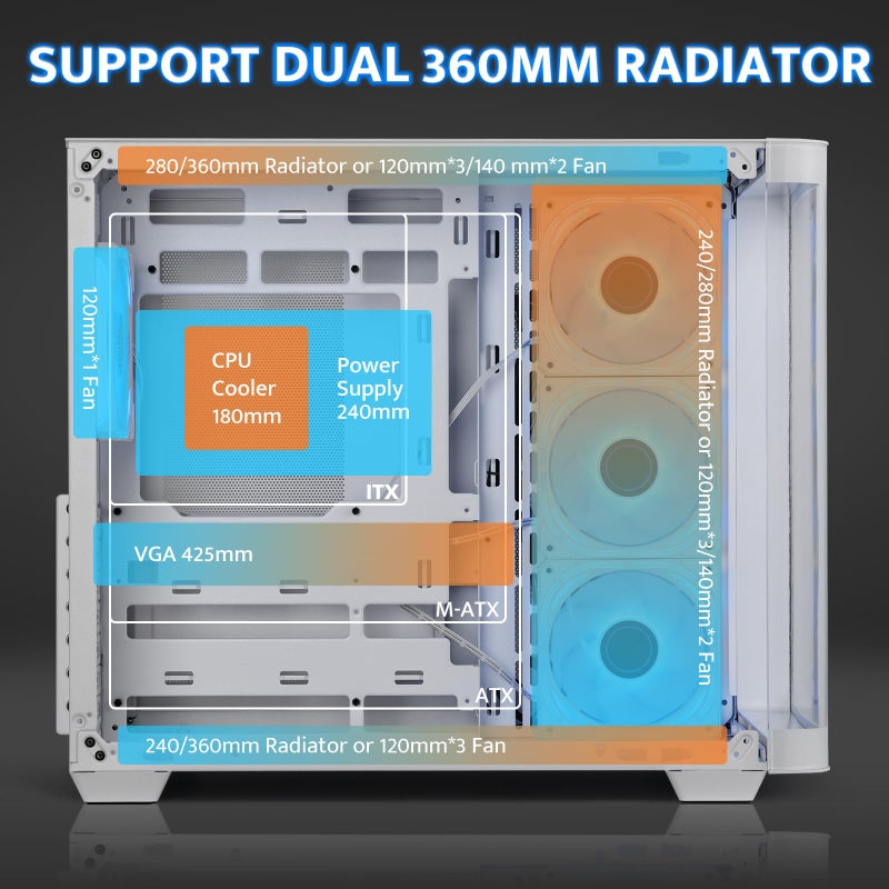 DarkFlash حافظة ألعاب كمبيوتر darkFlash ATX Mid-Tower، لوحة أم BTF قابلة للتوصيل من الخلف، مع 4 مراوح ARGB، حافظة كمبيوتر زجاجية منحنية بالكامل، حافظة كمبيوتر ذات غرفتين، منفذ Type C، تدعم نظام AIO مزدوج 360mm، أبيض(DPW90) - Image 5