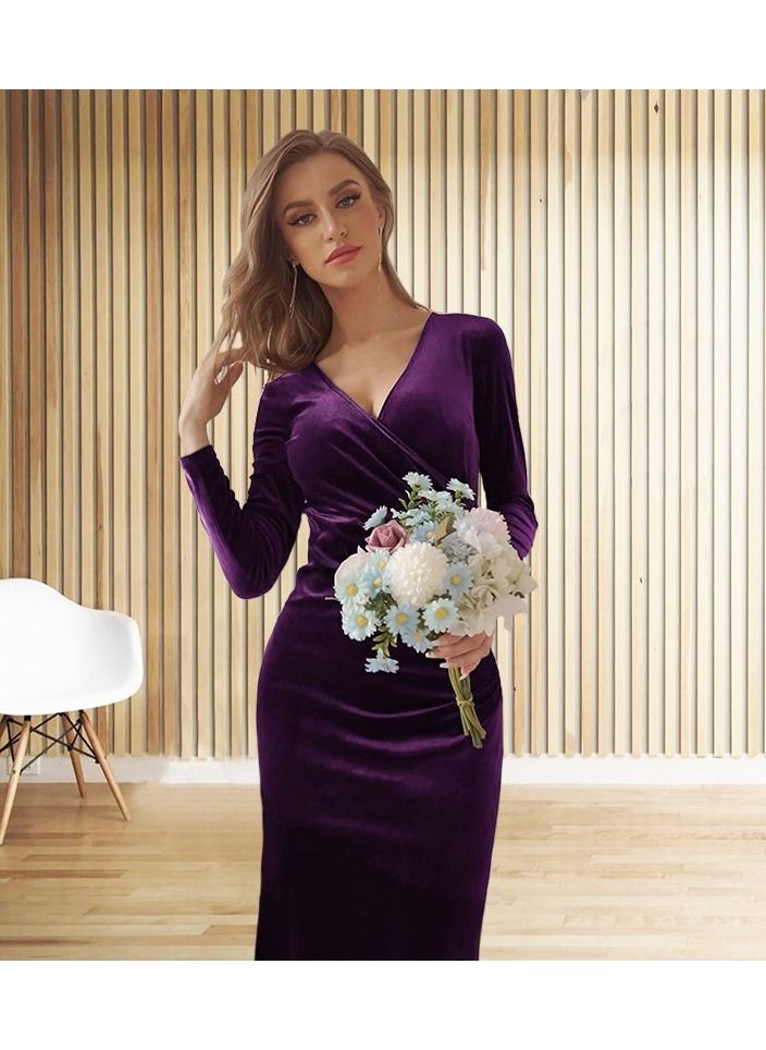 Generic Women's V Neck Velvet Dress Elegant Elastic Skirt Dress Fashion Long Sleeve Fishtail Dress  - Image 1