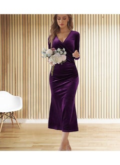 Generic Women's V Neck Velvet Dress Elegant Elastic Skirt Dress Fashion Long Sleeve Fishtail Dress  - Image 3