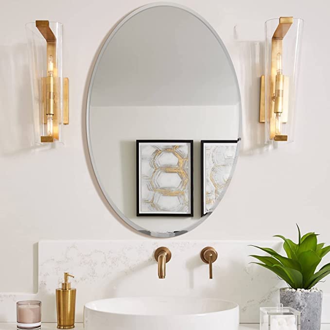 SEVEN HORSES Frameless Oval Mirror 18 x 24 Inch, Oval Bathroom Mirror with Polished Beveled Edge for Bathroom Bedroom Living Room Washbasin Dressing Entryway - Image 1