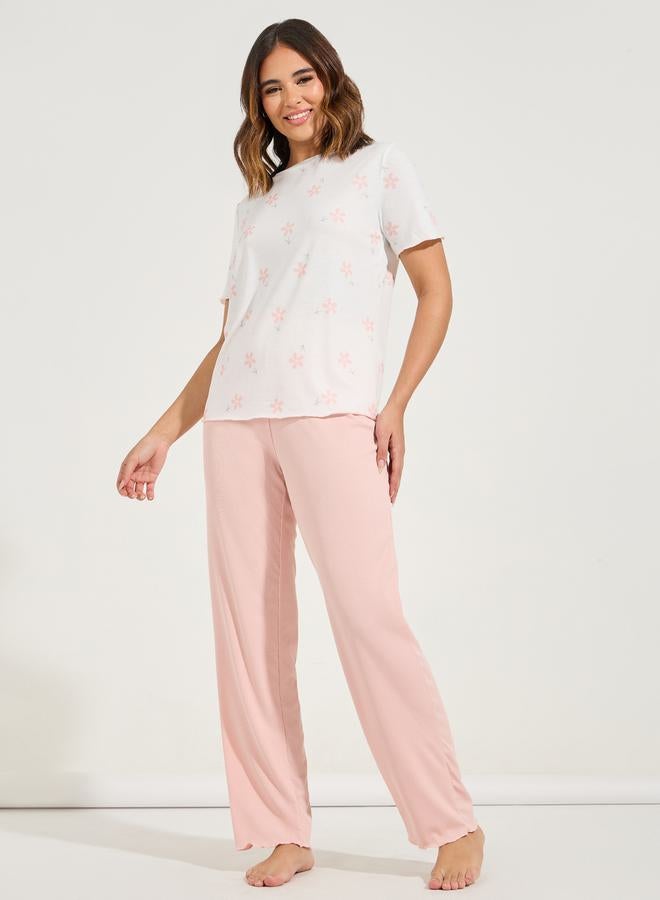 Styli Floral Print Dropped Shoulder T-Shirt & Ribbed Pyjama Set  - Image 1