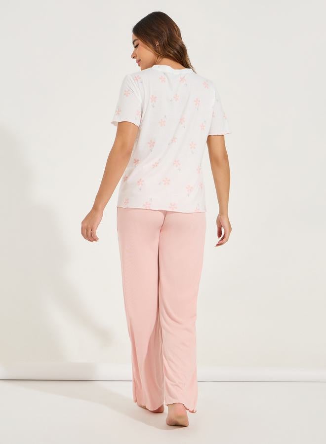 Styli Floral Print Dropped Shoulder T-Shirt & Ribbed Pyjama Set  - Image 5
