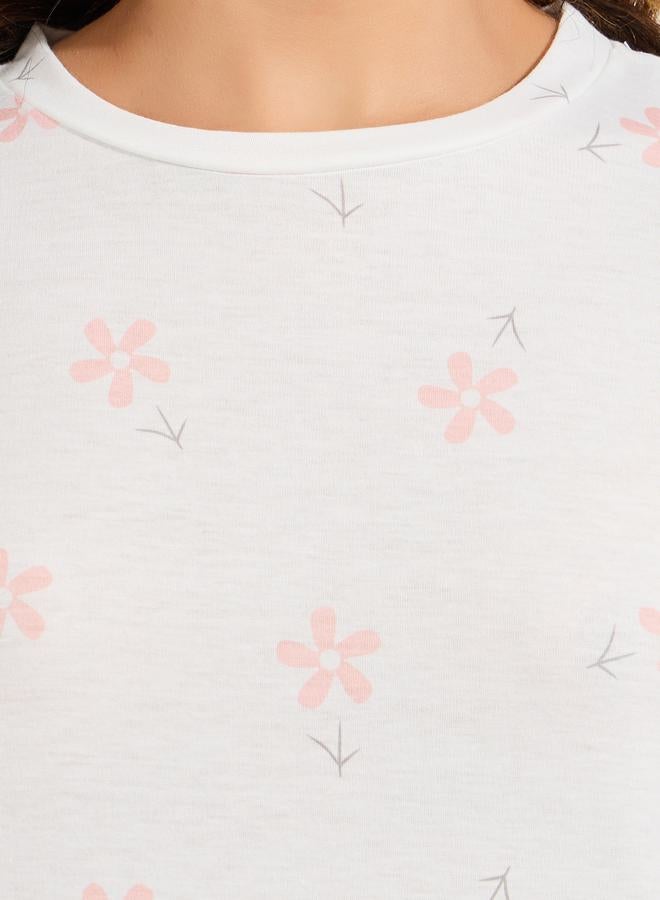 Styli Floral Print Dropped Shoulder T-Shirt & Ribbed Pyjama Set  - Image 3
