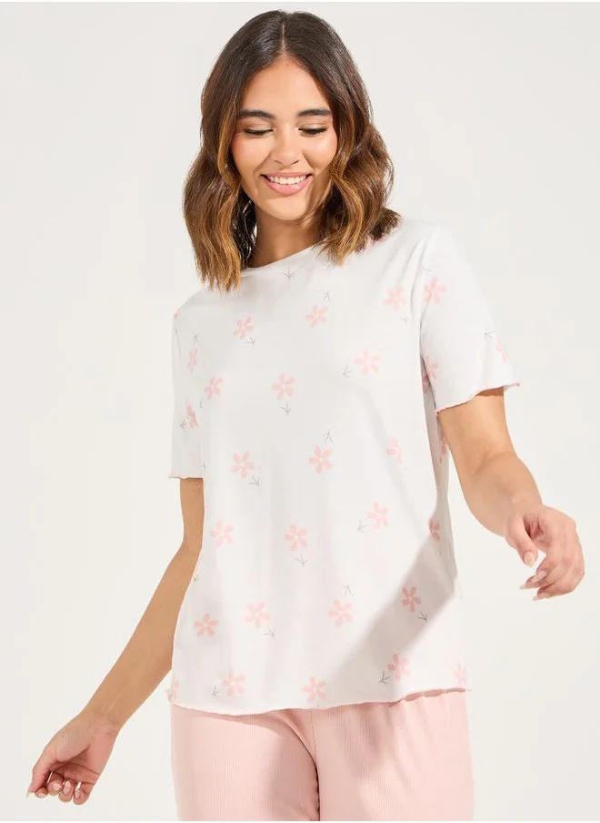 Styli Floral Print Dropped Shoulder T-Shirt & Ribbed Pyjama Set