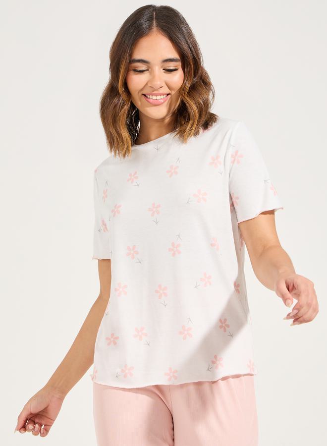 Styli Floral Print Dropped Shoulder T-Shirt & Ribbed Pyjama Set  - Image 2