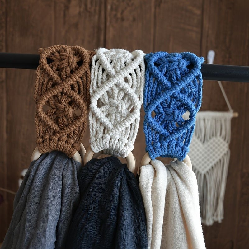 Blue Bohemian Macrame Handmade Woven Towel Rack For Kitchen And Bathroom Decoration - Image 3
