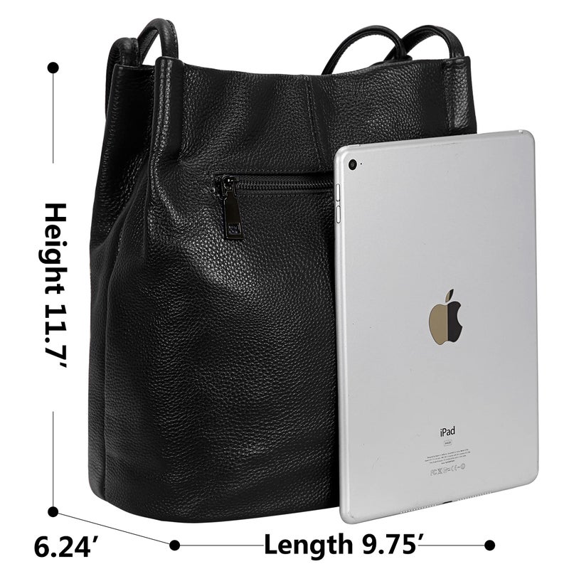 Iswee Black Leather Tote Bag Soft Genuine Leather Shoulder Bag Bucket Bags for Women Handbags and Purses Slouchy Hobo Large Satchel (Black) - Image 3