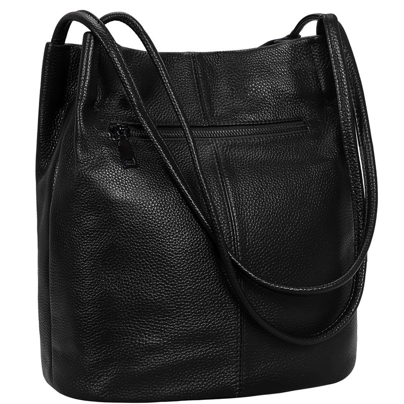 Iswee Black Leather Tote Bag Soft Genuine Leather Shoulder Bag Bucket Bags for Women Handbags and Purses Slouchy Hobo Large Satchel (Black) - Image 2
