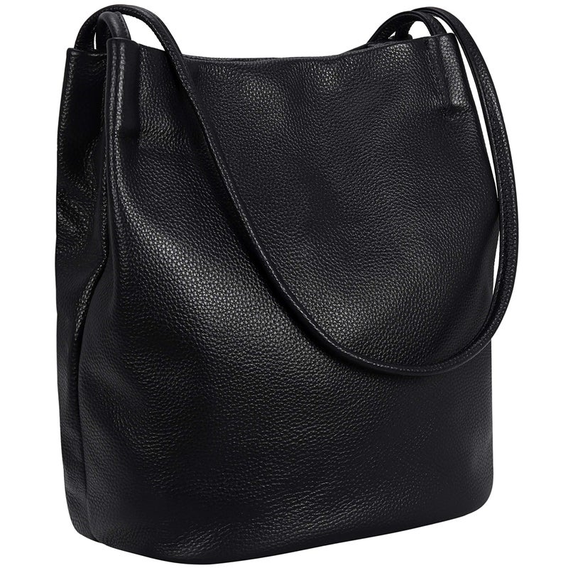 Iswee Black Leather Tote Bag Soft Genuine Leather Shoulder Bag Bucket Bags for Women Handbags and Purses Slouchy Hobo Large Satchel (Black) - Image 1