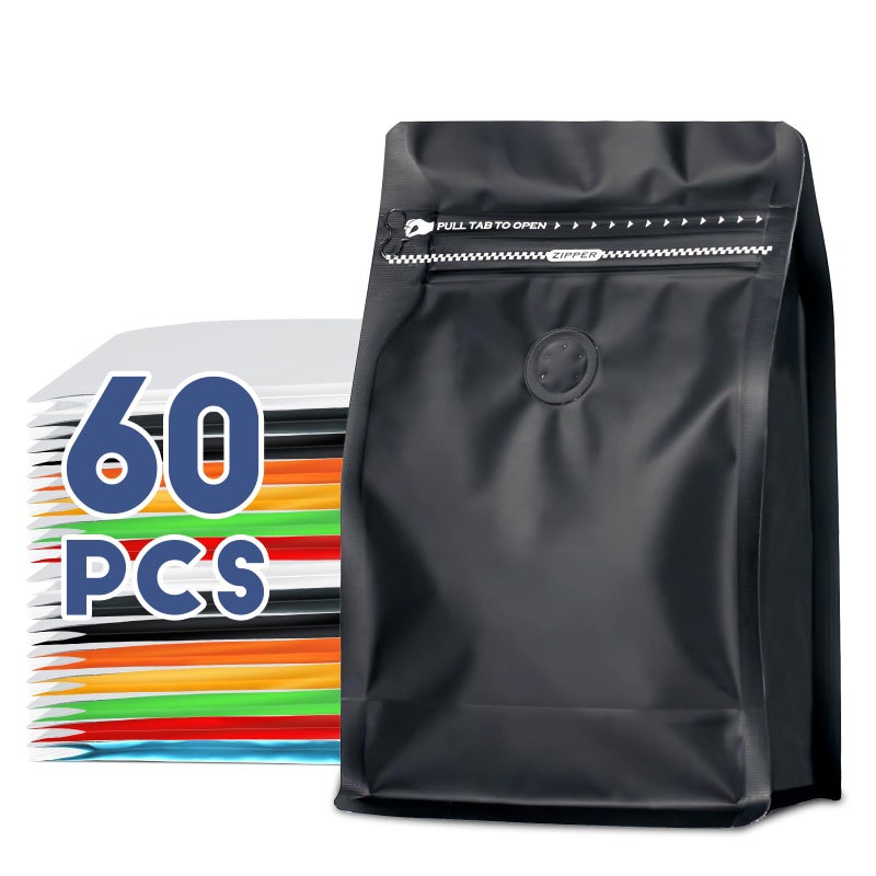 Coffee Bags with Valve60pcs8 oz12 lb Vented Coffee Beans Packaging Bags High Barrier Aluminumed Foil Flat Bottom Heat Sealed Side Zipper Resealable Storage Bag for Home or BusinessBlack