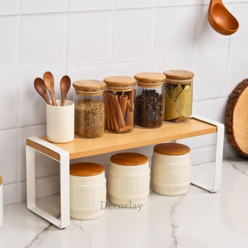 Decorlay Metal & Wooden Spice Rack Countertop Organizer Space Saver Counter-Top Storage For Kitchen, Tabletop, Floor Standing Bathroom, Office, And Cosmetics (White + Beech, Single - Tier) - Image 1