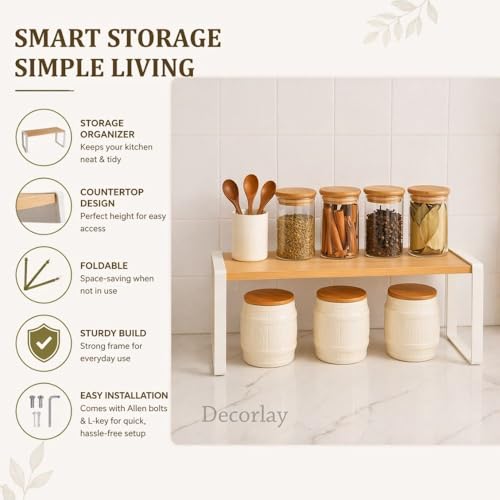 Decorlay Metal & Wooden Spice Rack Countertop Organizer Space Saver Counter-Top Storage For Kitchen, Tabletop, Floor Standing Bathroom, Office, And Cosmetics (White + Beech, Single - Tier) - Image 2