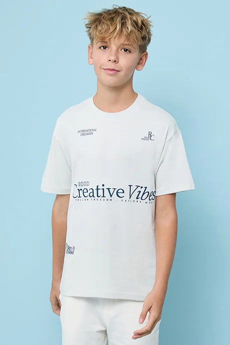 أر أند بي Typography Print T-Shirt with Crew Neck and Short Sleeves