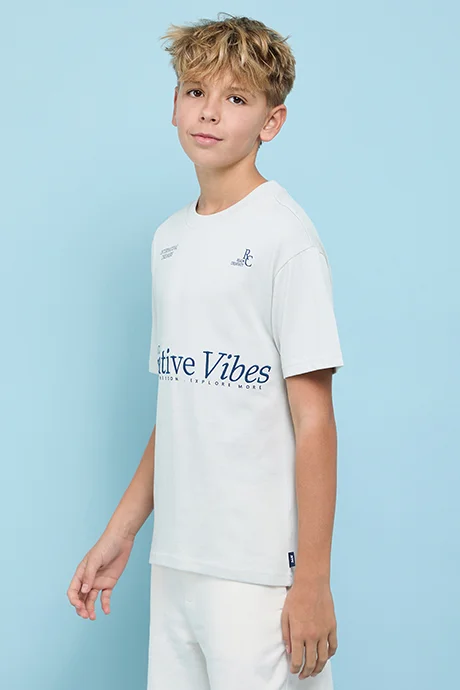 أر أند بي Typography Print T-Shirt with Crew Neck and Short Sleeves