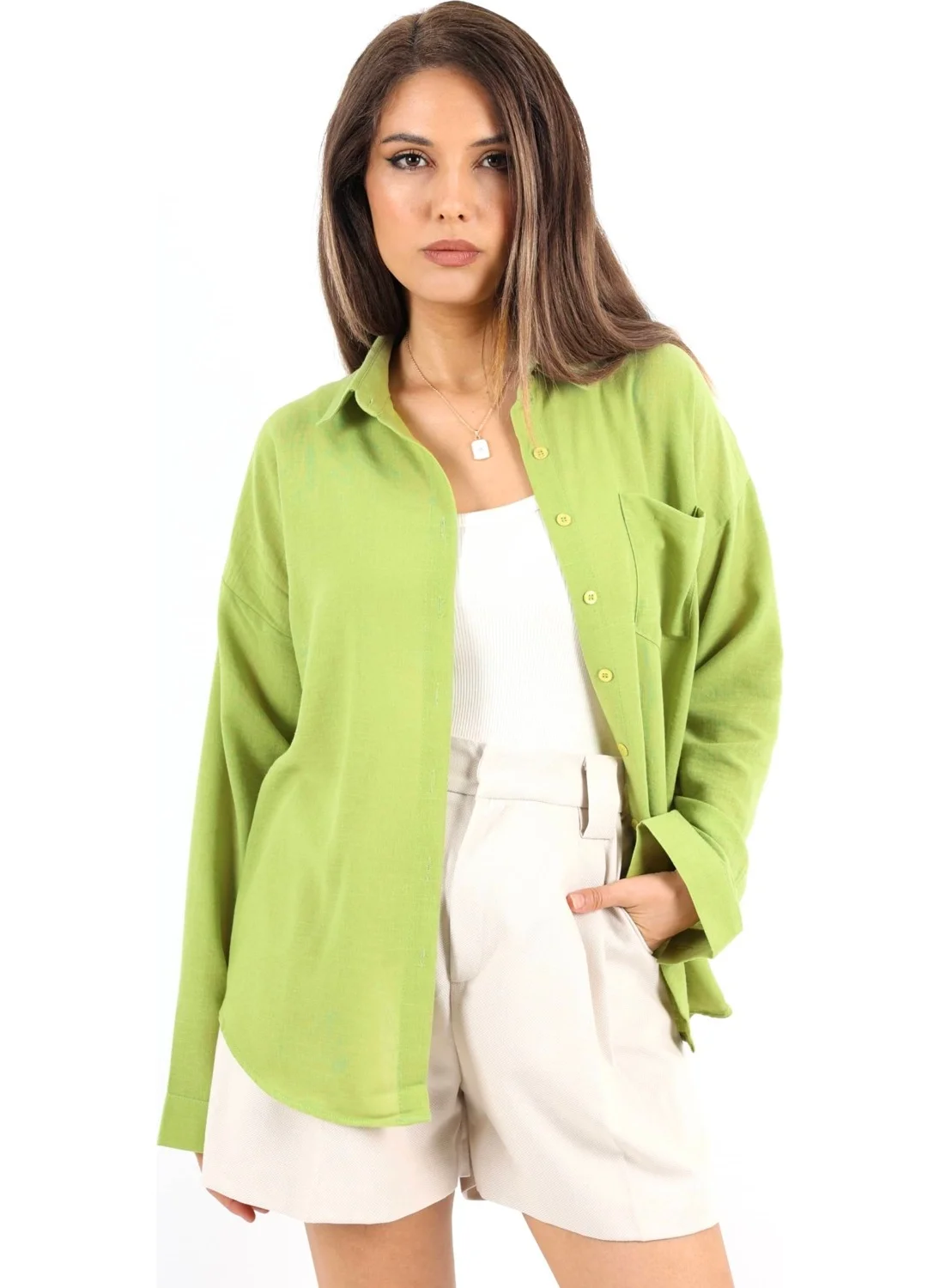 ريتنيس Women's Well Oil Green Linen Shirt