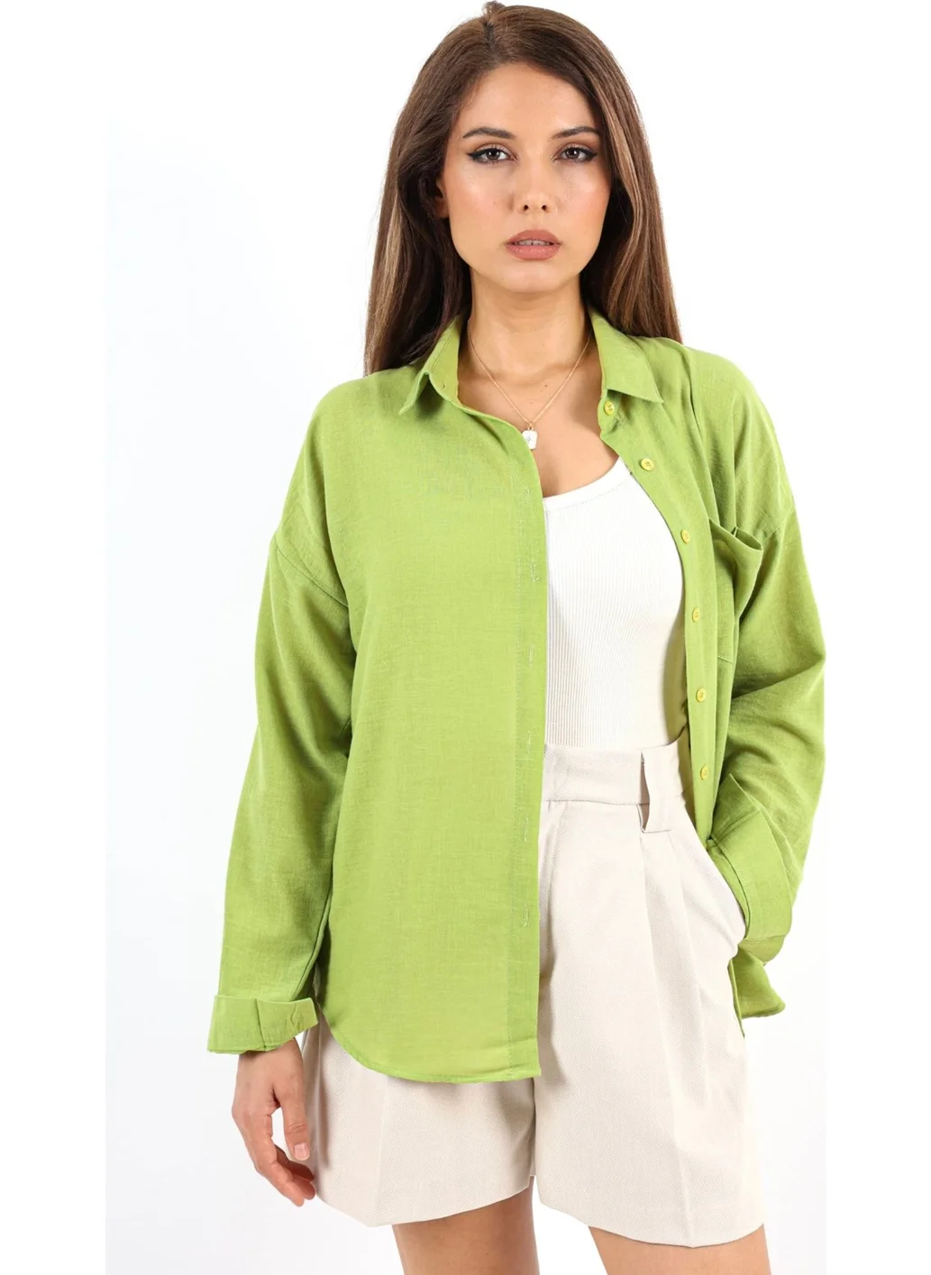 ريتنيس Women's Well Oil Green Linen Shirt
