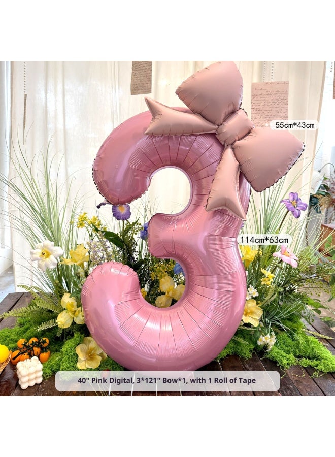 40-Inch Pink Bow Number 3 Balloon Baby's First Birthday Party Decoration Birthday Layout Props