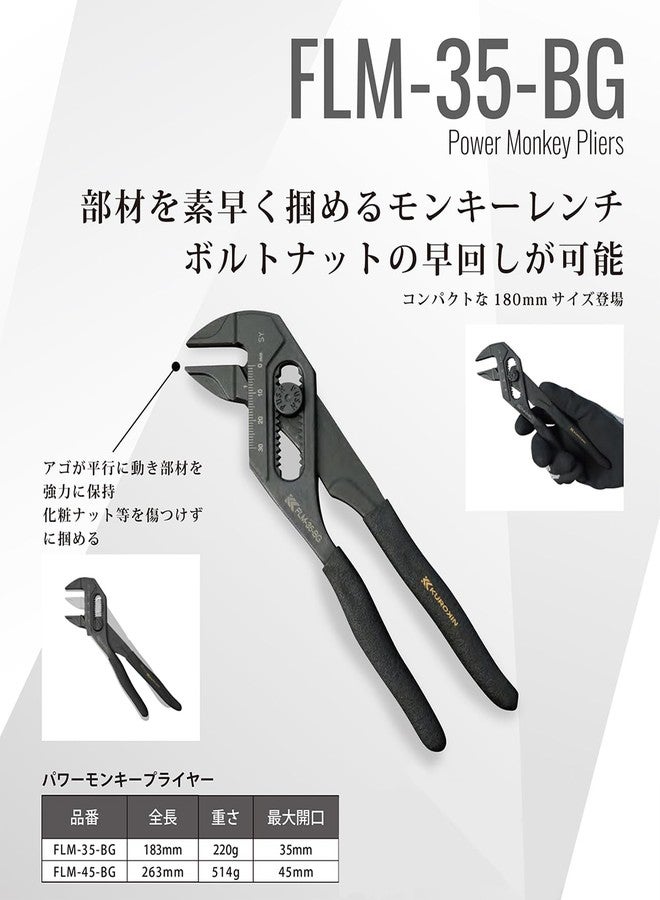 Fujiya FLM-35-BG Power Monkey Pliers, 7.1 inches (180 mm), For Turning Bolts and Nuts of Various Sizes - Image 3