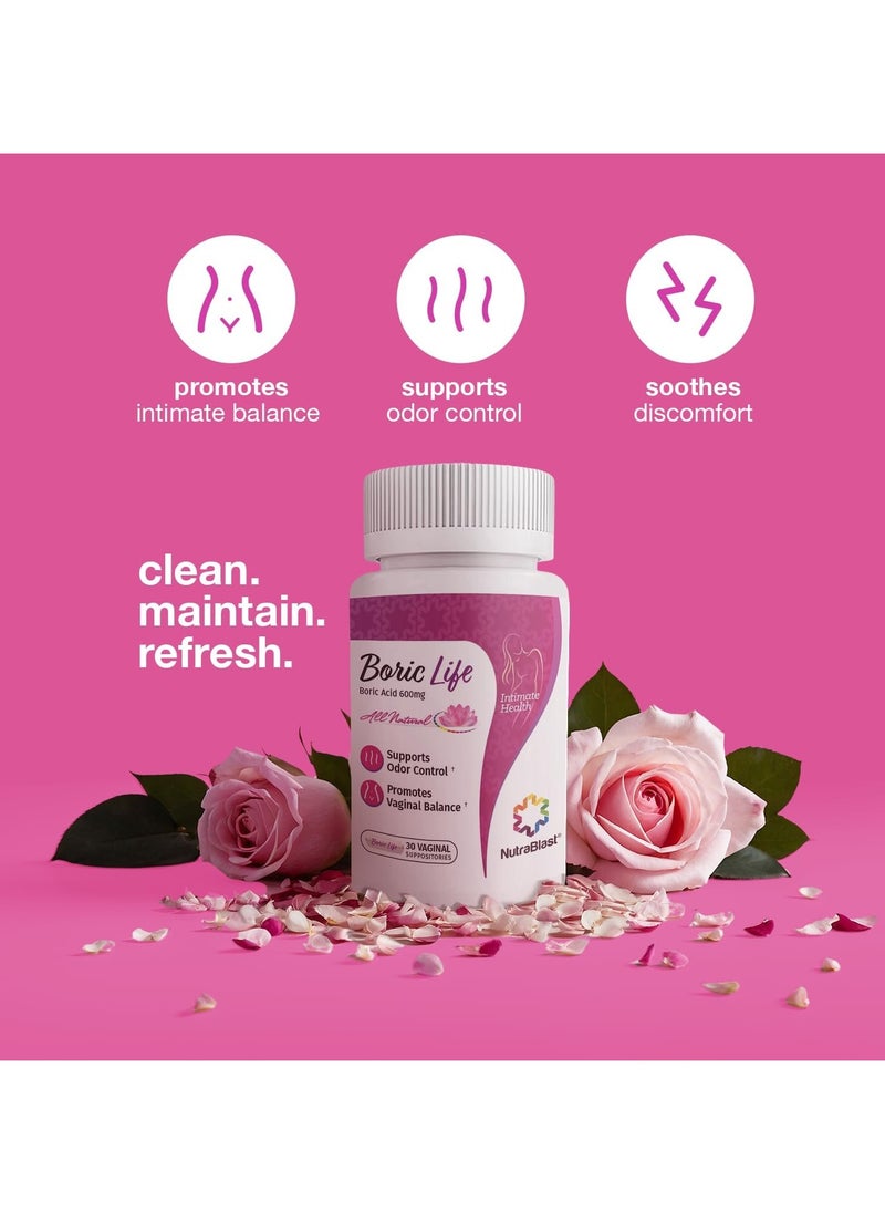 NutraBlast - Boric Life, Boric Acid 600mg - 30 Vaginal Suppositories - Image 1