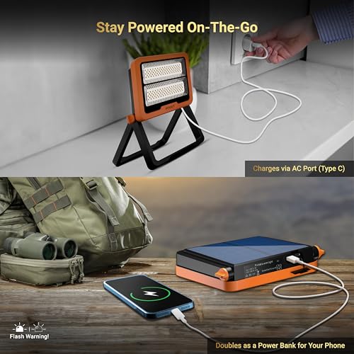 Dylect® Luxe Solar Camping Light – Portable LED for Camping, Hiking & Outdoor Use |2 in 1 Charging- Solar & USB Type-C 220v, Power Bank & Hazard Lighting| IP64 Waterproof| ABS Built (Orange) - Image 4