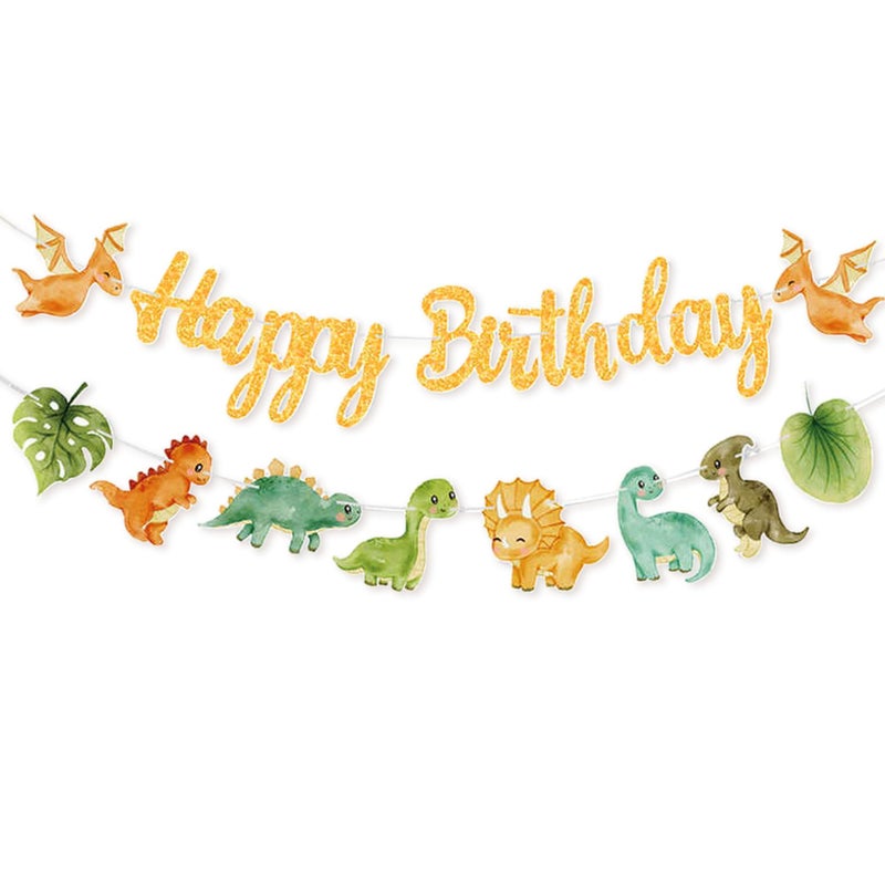 Azonee Dinosaur Birthday Banner Set 2Pack Green Happy Birthday Banners TRex Themed Party Decorations for Boys Kids PreStrung Dino Party Supplies - Image 2