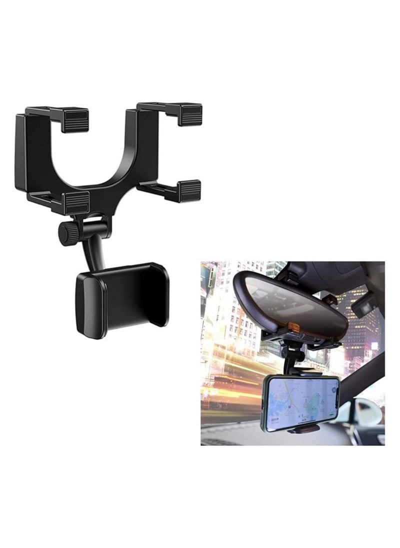 Generic - Rear View Mirror Car Mount Phone Holder Stand with 270° Swivel and Adjustable Clips (Black) - Image 1