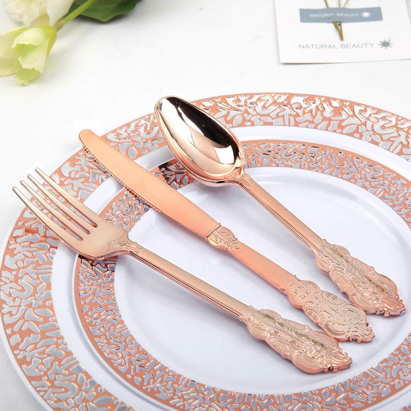 WDF-300 Pieces Rose Gold Plastic Silverware- Disposable Flatware -Heavyweight Plastic Cutlery- Includes 100 Forks  100 Spoons  100 Knives for Wedding& Parties - Image 4