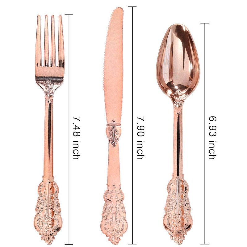 WDF-300 Pieces Rose Gold Plastic Silverware- Disposable Flatware -Heavyweight Plastic Cutlery- Includes 100 Forks  100 Spoons  100 Knives for Wedding& Parties - Image 2