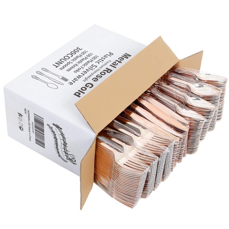 WDF-300 Pieces Rose Gold Plastic Silverware- Disposable Flatware -Heavyweight Plastic Cutlery- Includes 100 Forks  100 Spoons  100 Knives for Wedding& Parties - Image 5