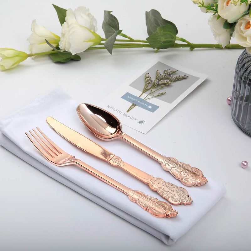 WDF-300 Pieces Rose Gold Plastic Silverware- Disposable Flatware -Heavyweight Plastic Cutlery- Includes 100 Forks  100 Spoons  100 Knives for Wedding& Parties - Image 3