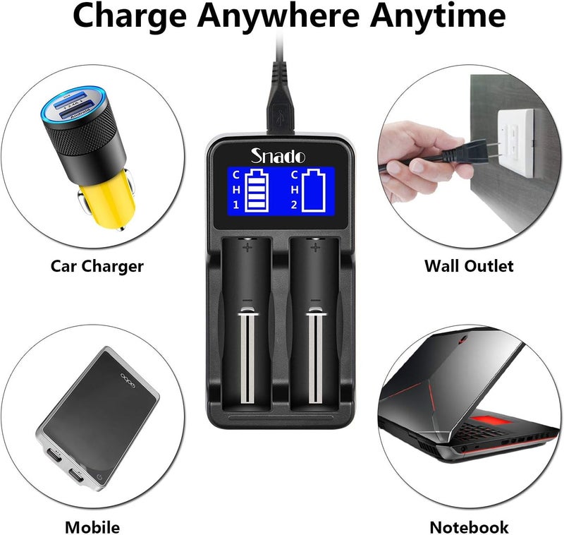 Snado Intelligent Charger, LCD Display Universal Smart Charger for Rechargeable Li-ion Batteries 18650 18490 18350 17670 17500 16340 14500, Ni-MH/Ni-Cd A AA AAA Batteries (2 Slots) - Image 4