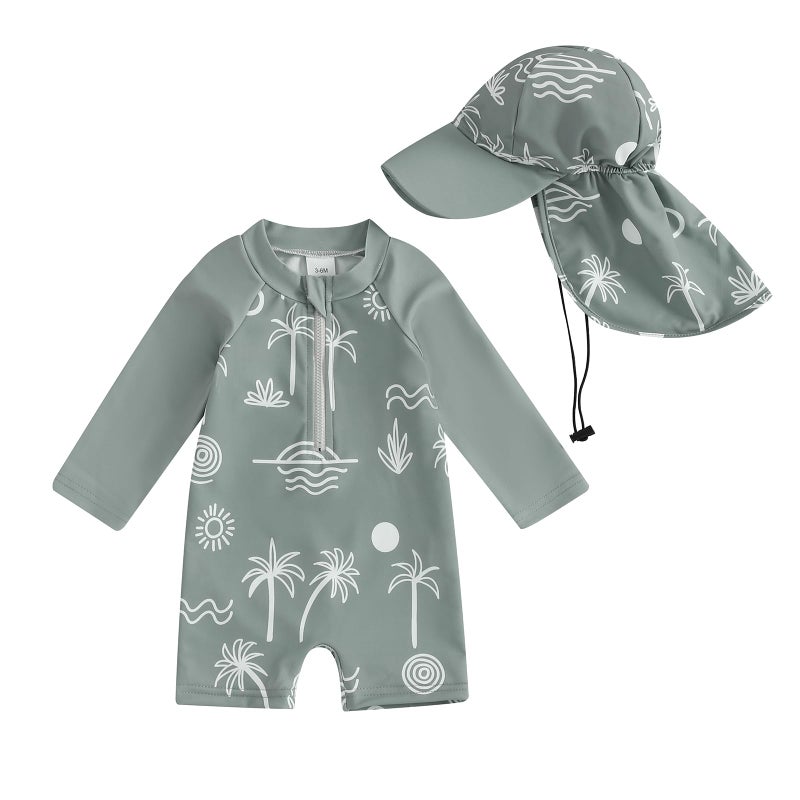 Lucikamy Toddler Baby Boy Girls One Piece Swimsuit Long Sleeve Zipper Bathing Suit with Hat Infant Rash Guard Swimwear (Army Green, 3-6 Months) - Image 1