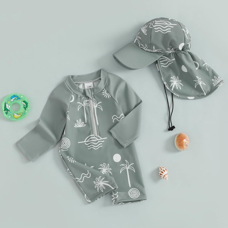 Lucikamy Toddler Baby Boy Girls One Piece Swimsuit Long Sleeve Zipper Bathing Suit with Hat Infant Rash Guard Swimwear (Army Green, 3-6 Months) - Image 3
