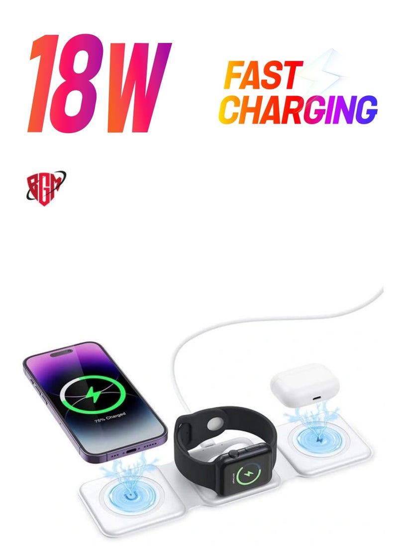 BGM 3 in 1 Wireless Charger, Foldable Magnetic Charger Station, 18W Fast Wireless Charging Pad, Compatible with iPhone 14/13/12/11, Samsung Galaxy, AirPods, Google Pixel, Apple Watch  - Image 1