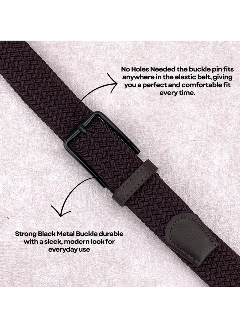 Classic Milano Brown (DWE-311) Classic Milano Braided Cotton Elastic Stretch Belt for Men & Women, Woven Canvas Web Belt with Gift Box, Adjustable Men's Belt | Full Length: 110CM (Free Size - Fits up to the waist of 40 Inches / 100 CM)  | Best Price UAE