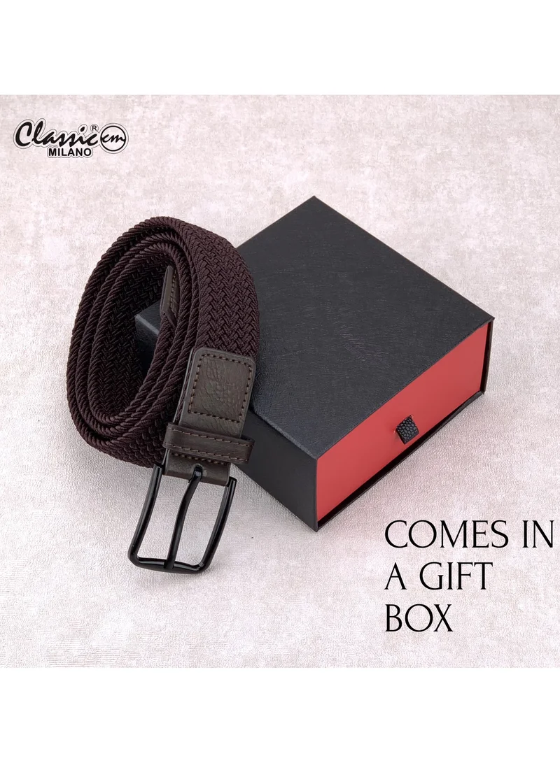 Classic Milano Brown (DWE-311) Classic Milano Braided Cotton Elastic Stretch Belt for Men & Women, Woven Canvas Web Belt with Gift Box, Adjustable Men's Belt | Full Length: 110CM (Free Size - Fits up to the waist of 40 Inches / 100 CM)  | Best Price UAE