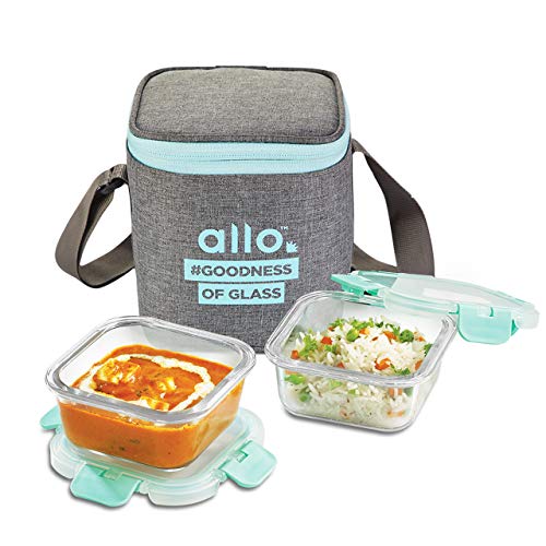 Allo FoodSafe Glass Lunch Box with Break Free Detachable Lock, Oven & Microwave Safe, Borosilicate Glass Container, Office Tiffin with Canvas Grey Bag, Set of 2, 310ml, Square - Image 1