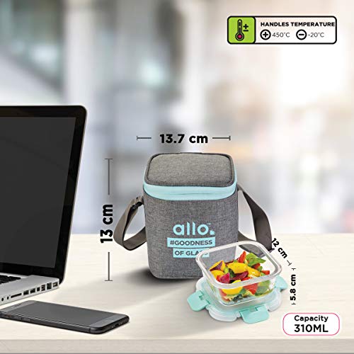 Allo FoodSafe Glass Lunch Box with Break Free Detachable Lock, Oven & Microwave Safe, Borosilicate Glass Container, Office Tiffin with Canvas Grey Bag, Set of 2, 310ml, Square - Image 5
