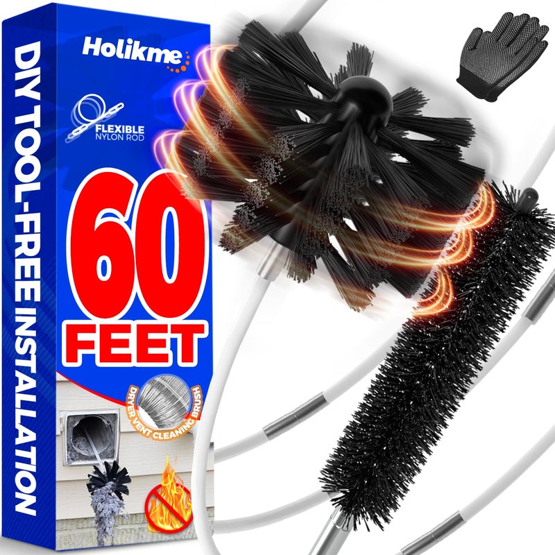 Holikme 60 Feet Dryer Vent Cleaner KitLint Remover Flexible Brush and Drill Attachment Extends Up to 60Feet 2 Synthetic Brush Head Use with or Without a Power Drill - Image 3