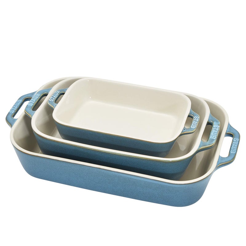 STAUB Ceramic 3-pc Rectangular Baking Dish Set, Rustic Turquoise - Image 1