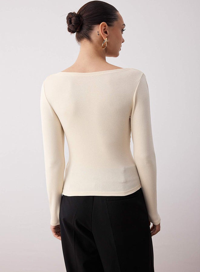 trendyol Stone Fitted/Slim Fit Asymmetric Collar Detail Soft Fabric Stretch Knitted Blouse - Image 4