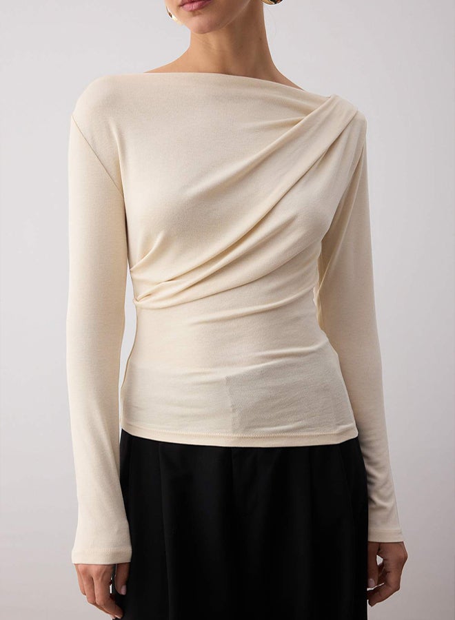 trendyol Stone Fitted/Slim Fit Asymmetric Collar Detail Soft Fabric Stretch Knitted Blouse - Image 3