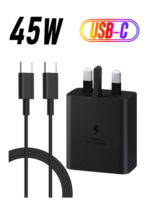 Fast Charger for Samsung Galaxy Charger Head with Charging Cable 45 watts, Travel Adapter, Super-Fast Charging (UK Plug with USB Type-C Cable), Black